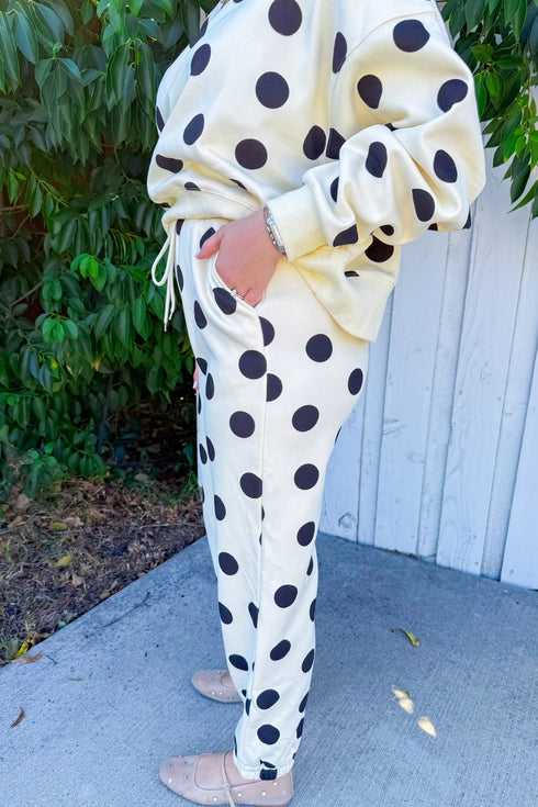 Beige Polka Dot Print Drop Shoulder Pullover Drawstring Jogger Pant Set