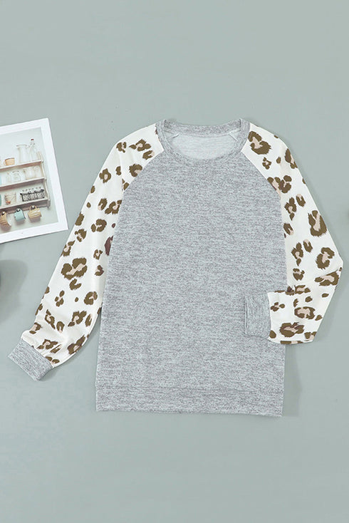 Gray Round Neck Leopard Long Sleeve Top
