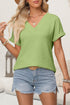 Grass Green Textured Wide Sleeve V Neck T Shirt