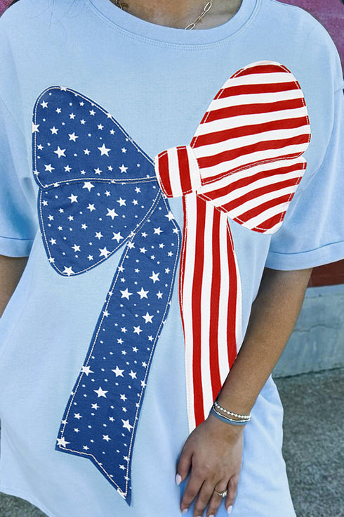 Beau Blue Patriotic Big Bow Stitched T Shift Mini Dress