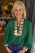 Blackish Green Contrast Plaid Patchwork V Neck Long Sleeve Blouse