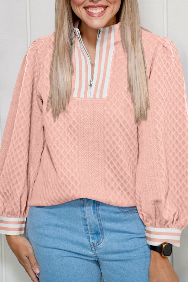 Gossamer Pink Rhombus Textured Striped Patchwork Zip Neck Pullover Sweatshirt