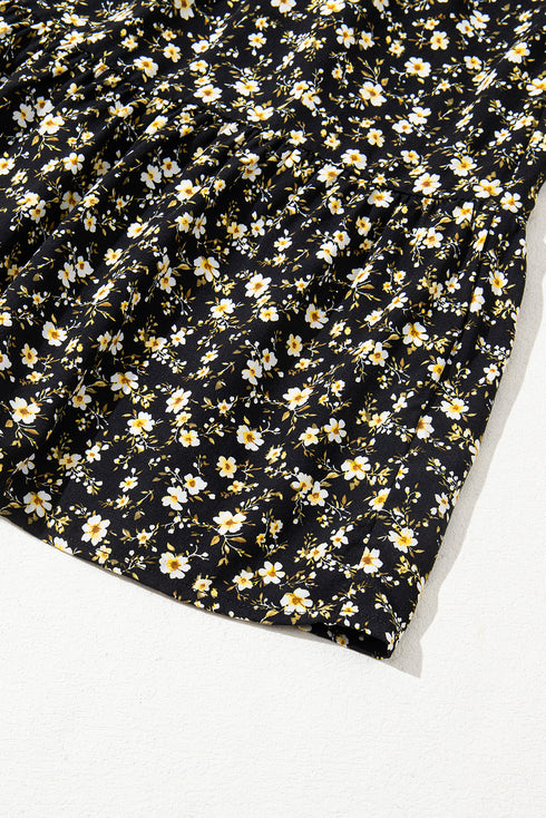 Black Floral Print Wrap V Neck Short Sleeve High Waistband Mini Dress