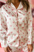 Pink Sweet Heart Print Long Shirt Style Silky 2pcs Pajama Set