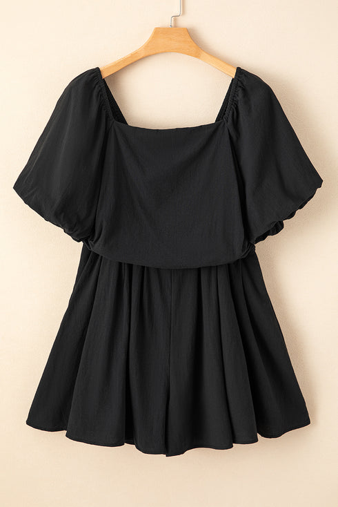 Black Square Neck Ruched Puff Sleeve Romper