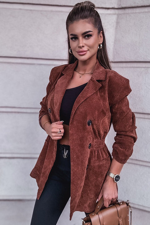 Coffee Corduroy Double Breasted Smocked Waist Blazer