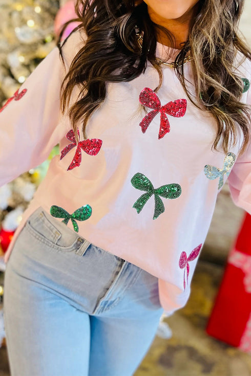 Pink Sequined Bow Valentine Round Neck Sweatshirt