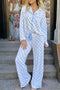 Sky Blue Bow Print Long Sleeve Shirt and Pants Soft Pajama Set