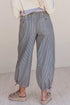 Blue Stripe Button Patch Pocket Drawstring Elastic Waist Loose Pants