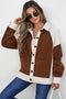 Brown Color Block Patchwork Button Down Fleece Shacket