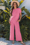 Bright Pink Solid Corded Knit Short Sleeve T Shirt and Wide Leg Pants Set
