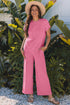 Bright Pink Solid Corded Knit Short Sleeve T Shirt and Wide Leg Pants Set