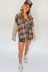 Khaki Plaid Patch Hooded Frayed Shacket