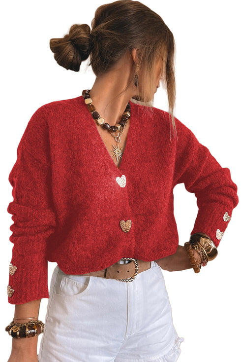 Fiery Red Heart Metal Button V Neck Cardigan Sweater