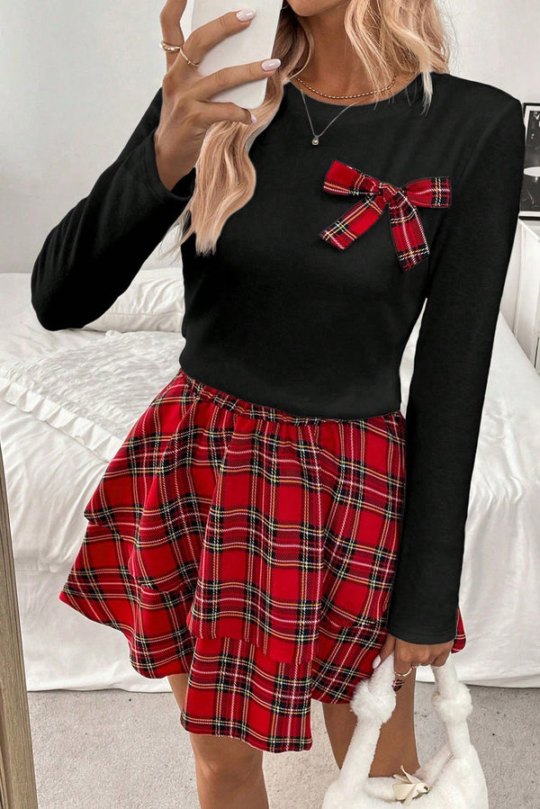 Red Long Sleeve Tee Plaid Bow Decor Ruffle Mini Skirt 2pcs Set