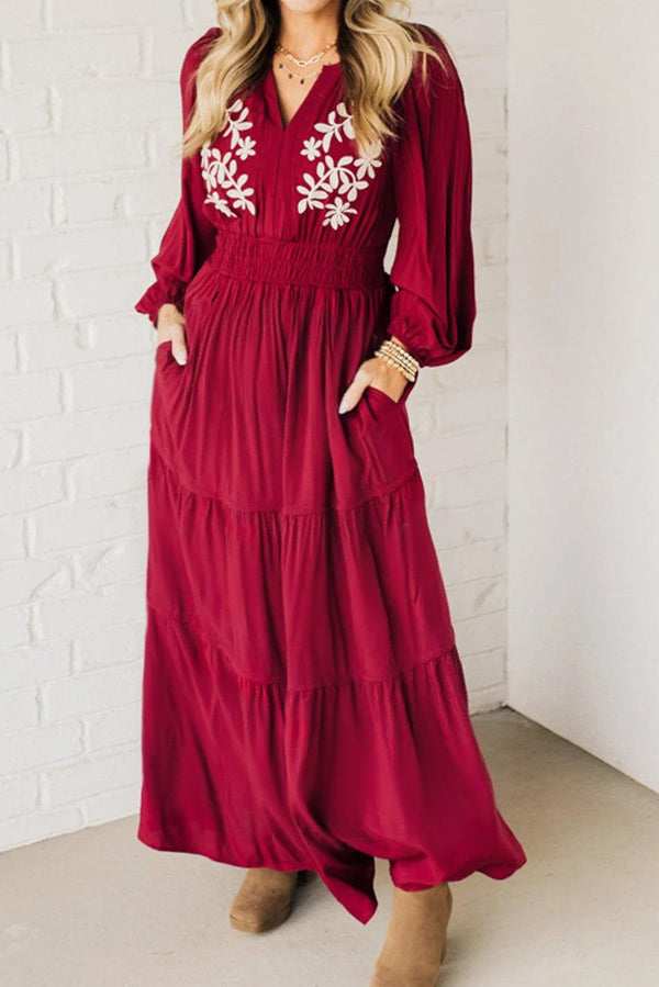 Racing Red Contrast Embroidered Detail V Neck Long Sleeve Maxi Dress