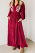 Racing Red Contrast Embroidered Detail V Neck Long Sleeve Maxi Dress