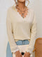 Apricot Ribbed Texture Lace Trim V Neck Long Sleeve Top
