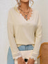 Apricot Ribbed Texture Lace Trim V Neck Long Sleeve Top