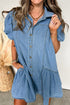 Beau Blue Button Down Short Puff Sleeve Ruffle Hem Patchwork Denim Dress