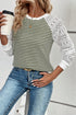 Green Stripe Textured Knit Contrast Hollowed Lace Patchwork Long Sleeve Top