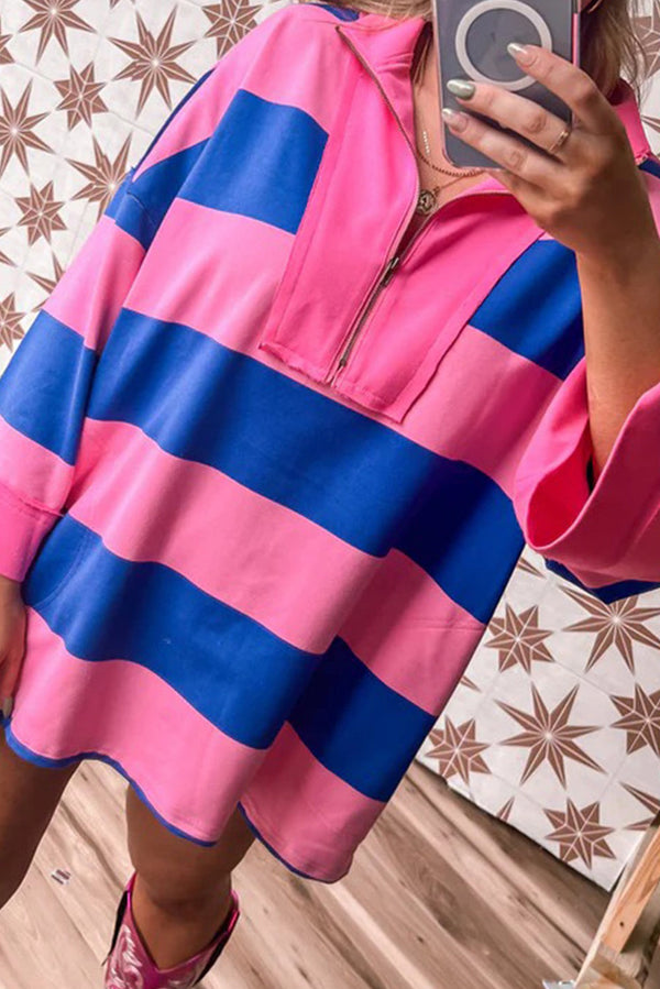 Pink Striped Color Block Zip Neck Patchwork 3/4 Sleeve Loose T Shirt Mini Dress
