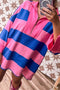 Pink Striped Color Block Zip Neck Patchwork 3/4 Sleeve Loose T Shirt Mini Dress