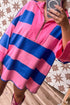 Pink Striped Color Block Zip Neck Patchwork 3/4 Sleeve Loose T Shirt Mini Dress