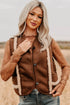 Coffee Faux Suede Plush Trim Button Down Vest