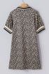 Khaki Leopard Print Zip Neck Striped Webbing Patchwork T Shirt Mini Dress