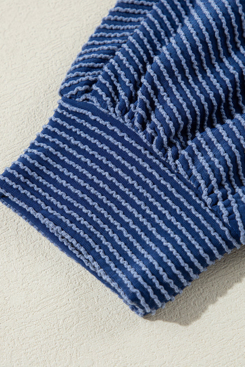 Navy Blue Oversized Twist Ribbed Collared Henley Top with Roll up Sleeve