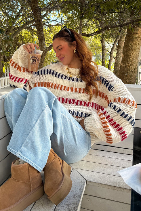 Beige Stripe Playful Knit Drop Shoulder Puff Sleeve Sweater