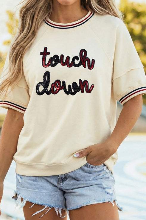 Beige touch down Sequin Letter Graphic Game Day Varsity Tee