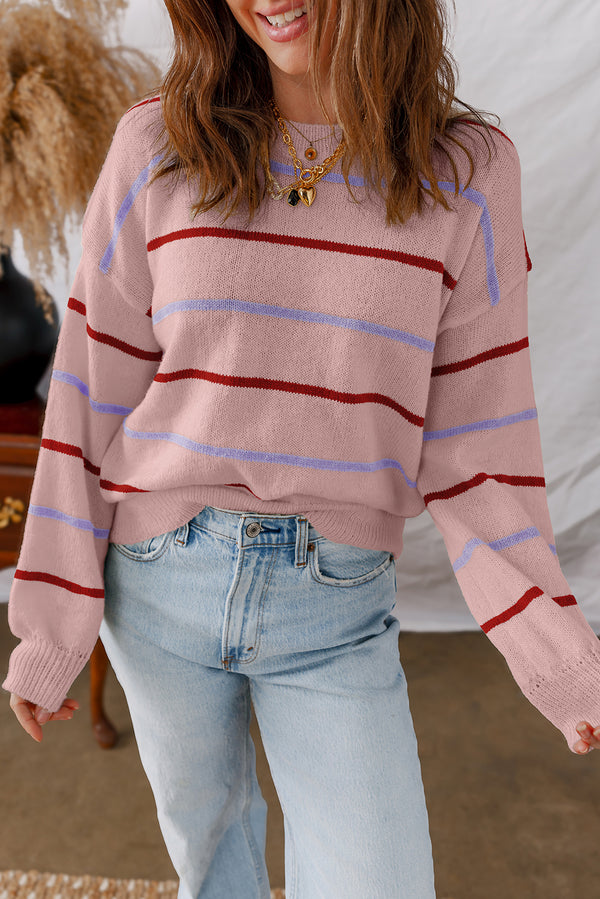 Cozy Pink Stripe Sweater for Women - Casual Knit Top with Effortless Style Perfect for Year-Round Wear