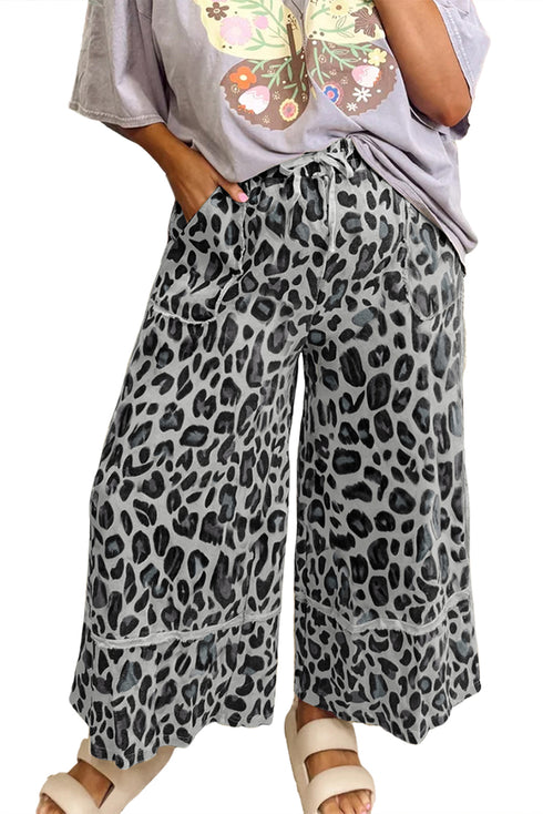 Gray Leopard Wide Leg Cropped Pants