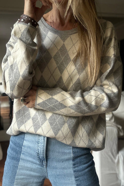 Green Checkered Colorblock Round Neck Sweater Top