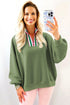 Vineyard Green Contrast Striped Patchwork Zip Collar Pullover Sweatshirt