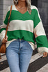 Green Stripe Loose Color Block Drop Shoulder Bubble Sleeve Sweater