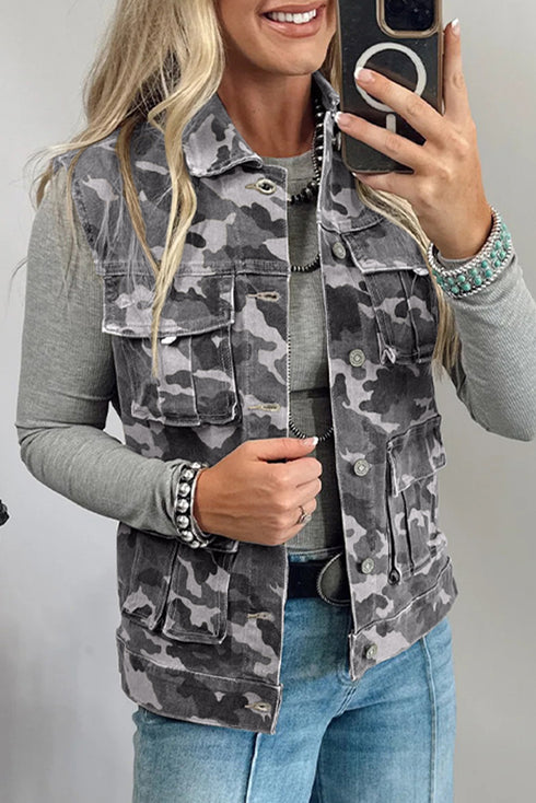 Gray Camo Cargo Denim Vest