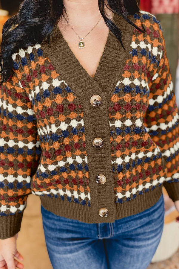 Brown Dotty Pattern Knit Button Front V Neck Sweater Cardigan