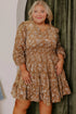 Khaki Plus Size Floral Print V Neck Long Sleeve Smocked Waist Mini Dress