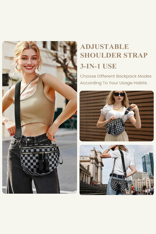 Dirty blue Checkered Print Multi Pocket Zipped Canvas Crossbody Bag