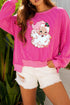 Strawberry Pink Twisted Ribbed Color Block Father Christmas Patched Graphic Long Sleeve Top