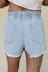 Sky Blue Stripe Raw Edge Drawstring Elastic Waist Casual Denim Shorts