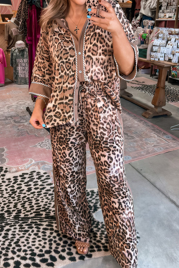 Brown Leopard Collared 3/4 Sleeve Shirt and Loose Pants Two Piece Outfit Set