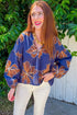 Bluing Big Flower Embroidered V Neck Puff Sleeve Blouse