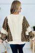 Beige Raw Seam Color Block Leopard Patchwork Baggy Long Sleeve Top