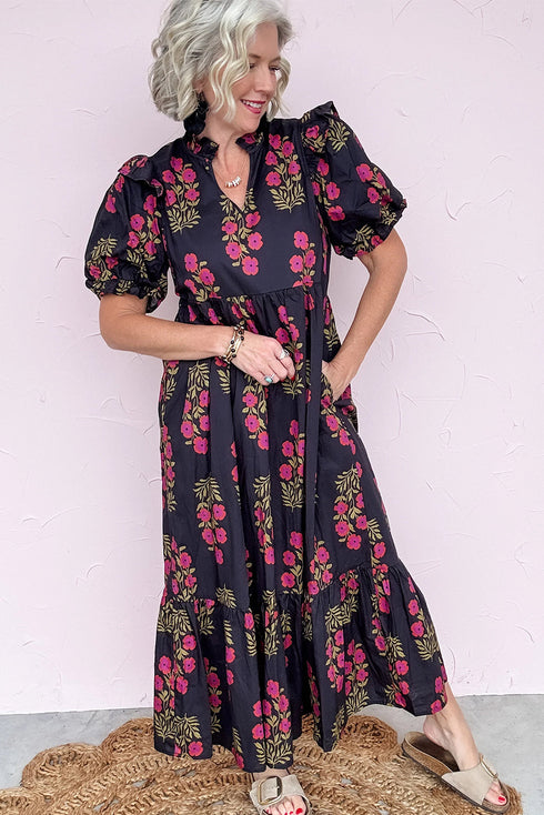 Beige Floral Short Bubble Sleeve Tiered Maxi Dress