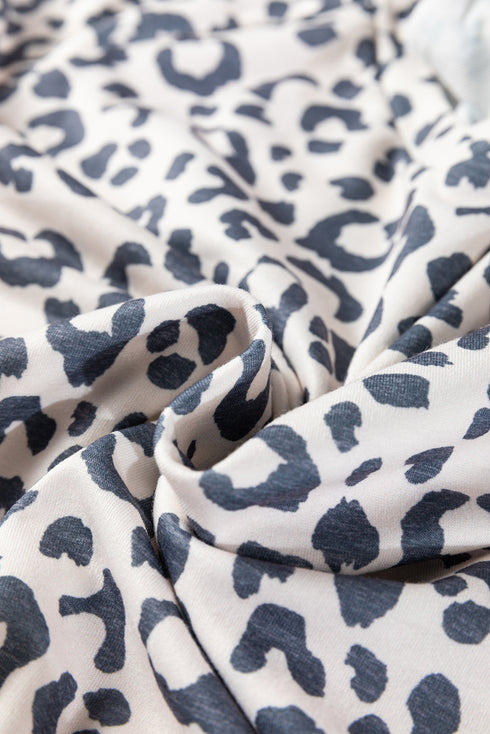 Gray V Neck Leopard Long Sleeve Top Striped Webbing Patchwork Drawstring Pant Set