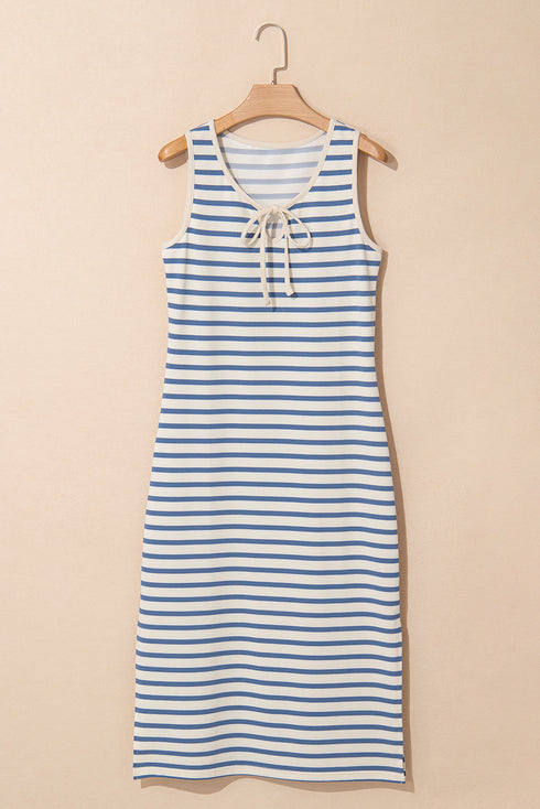 Sky Blue Stripe Tie V Neck Sleeveless Side Slit Midi Dress